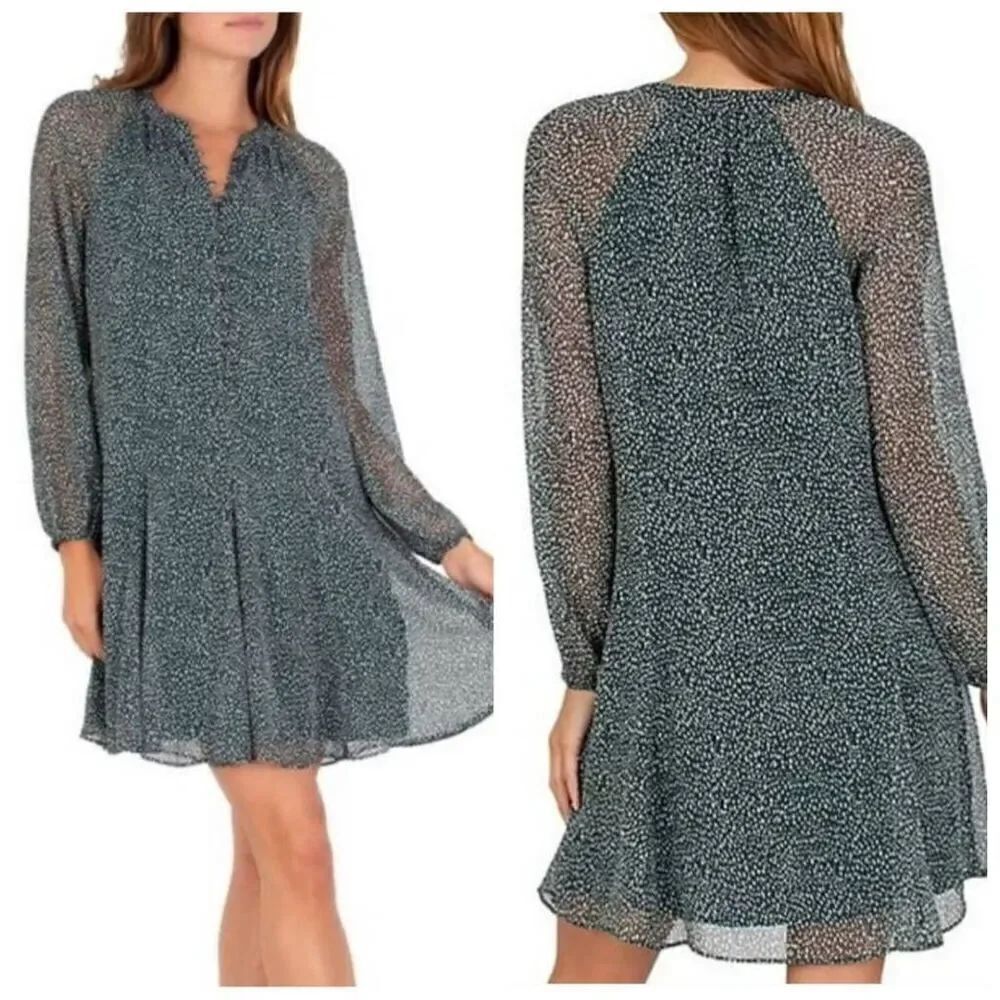 Joie Green Polka Dot Balloon Sleeves Chiffon Shift Mini Dress Size Small